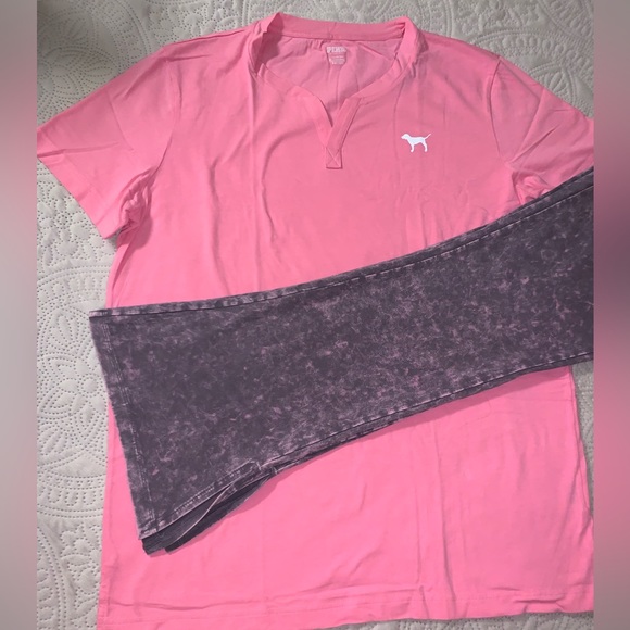 VS Pink NEW Cotton Foldover Flare Leggings And Dreamy Pink Henley Campus Tee NEW - Picture 7 of 15